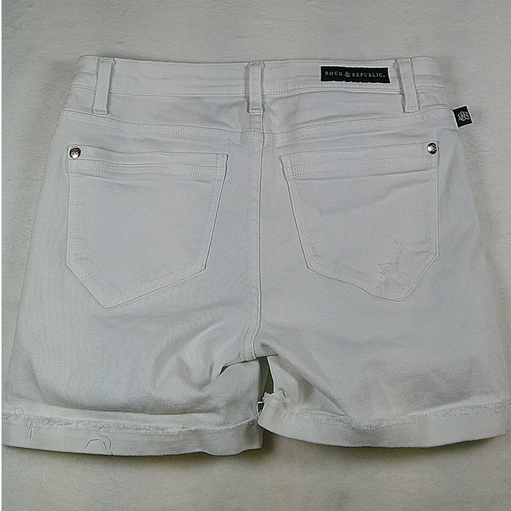 Rock & Republic Womens White Distressed Denim Shorts Size 8 Raw Hem Stretch - Picture 9 of 9